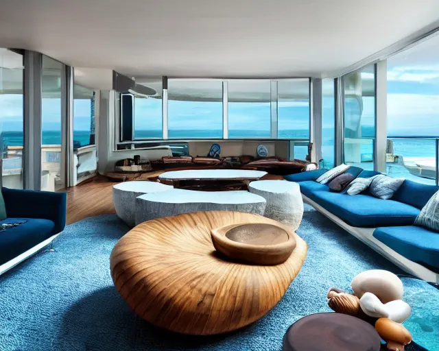 Prompt: A modern living room inspired by the ocean, a luxurious wooden coffee table with large seashells on top in the center, amazing detail, 8k resolution, blue color, calm, relaxed style, harmony, wide angle shot