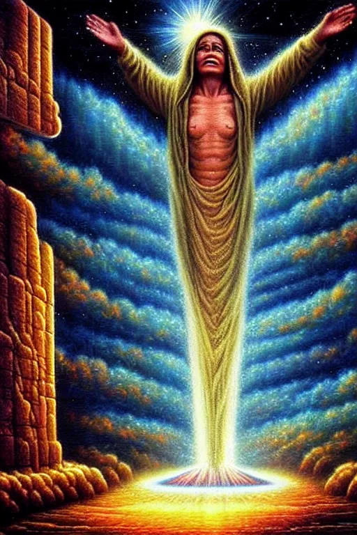 Prompt: a photorealistic detailed cinematic image of a departed soul weeping at the feet of god. afterlife, all questions answered. met by friends and family, overjoyed, by pinterest, david a. hardy, kinkade, lisa frank, wpa, public works mural, socialist