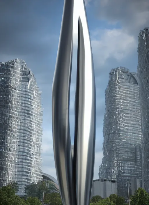 Image similar to highly detailed realistic architecture 3 d render of a huge high futuristic metallic stele sculpture in zaha hadid style standing in city park, archdaily, made in unreal engine 4 octane render