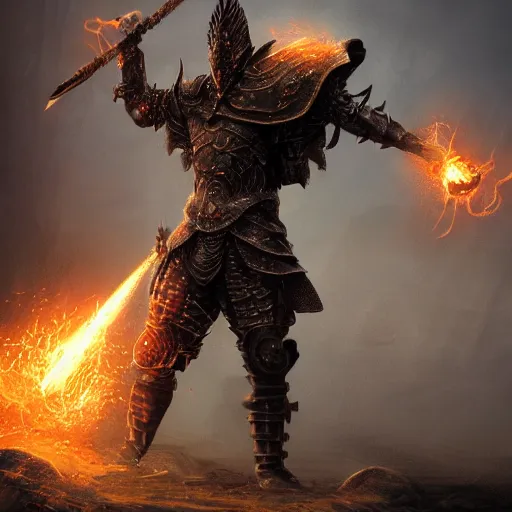 Prompt: photo full - body - shot of one brutal warrior, wearing intricate steel armor, sharp focus, holding magical fiery battle - axe, magical aura, heroic pose, fantasy style, octane render, volumetric lighting, 8 k high definition, by greg rutkowski, highly detailed, trending on artstation, magical battlefield background, centered