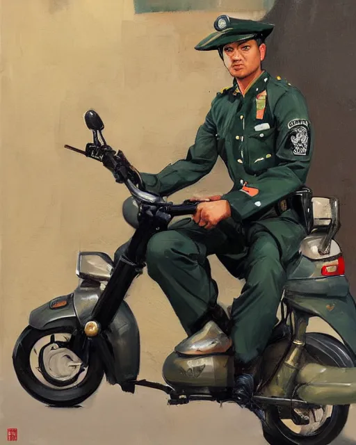 Image similar to greg manchess portrait painting of asian police green uniform, sitting on moped motorbike, medium shot, asymmetrical, profile picture, organic painting, sunny day, matte painting, bold shapes, hard edges, street art, trending on artstation, by huang guangjian and ail elvgren and sachin teng