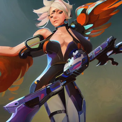 Image similar to mercy ( overwatch ), digital art by android jones and mad dog jones