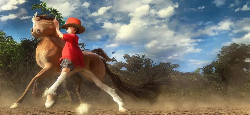 Prompt: “ luffy riding horse, side shot, 8 k resolution, high detailed ”