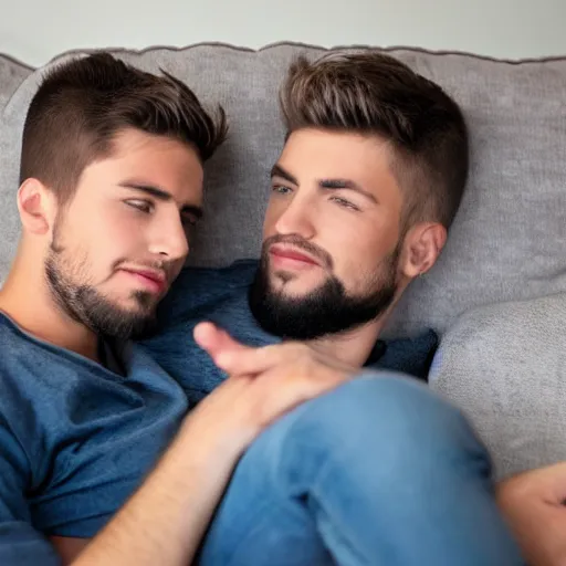 Prompt: two very handsome young men are cuddling on the couch