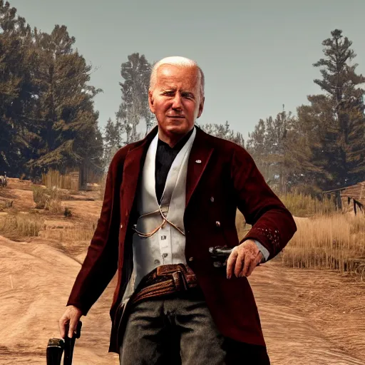 Image similar to Joe Biden in red dead redemption, dramatic matte painting, style by syd mead, 8k, octane render, photorealistic, hyperrealism