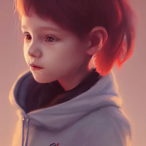 Image similar to a tiny girl with short red hair wearing a hoodie, digital art, cute face, very beautiful face, pretty face, very detailed eyes, full body illustration, 8 k resolution, soft painting, by greg rutkowski, wlop, rossdraws,