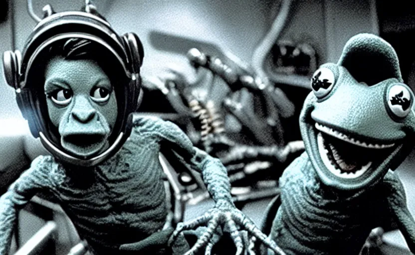 Image similar to the scene from aliens where kermit the frog vfx film