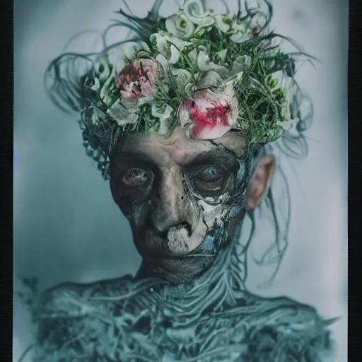 Image similar to a beautiful detailed front view portrait of a rotten woman corpse with fractal plants and fractal flowers growing around, volumetric light, beautiful lit, polaroid photography