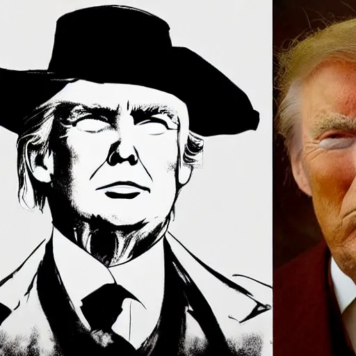 Image similar to an 1 8 0 0 s photo of donald trump playing the role of clint eastwood, squinting at high noon, in the style of a clint eastwood movie, the good, the bad and the ugly, clint eastwood, vibe, donald trump, glory days, mount rushmore, justice, american flag, independence, patriotism, apple pie, black and white, artgerm