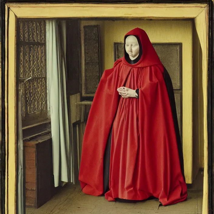 Image similar to a woman in a hooded cloak, in a mcdonald, color photograph, by jan van eyck, canon eos c 3 0 0, ƒ 1. 8, 3 5 mm, 8 k, medium - format print