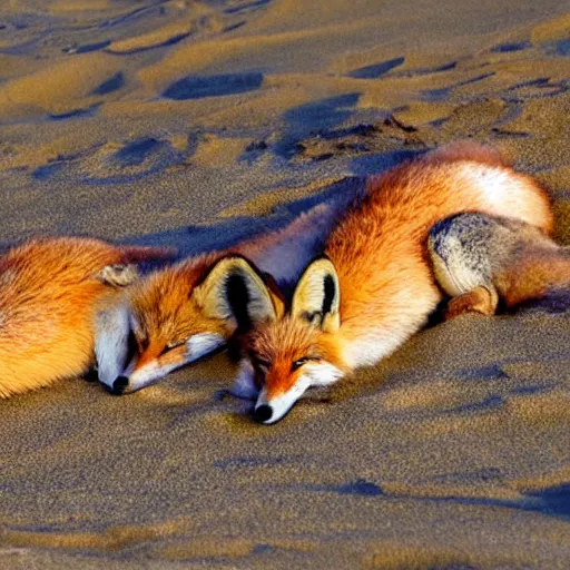 Image similar to foxes sleeping on a beach on a sunny day, sand and water, peaceful ambience