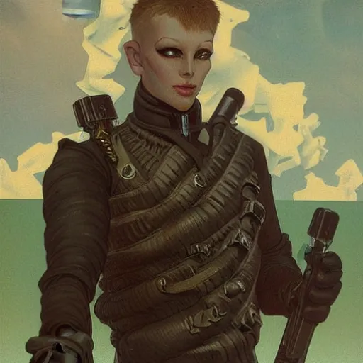 Prompt: portrait of rubbery, gaunt albino mutant with moist skin, sharp features, large lips, huge black eyes and determined expression, wearing fascist Byzantine police uniform and standing on Dune docks, science fiction concept art by Anato Finnstark, Alphonse Mucha, and Greg Rutkowski