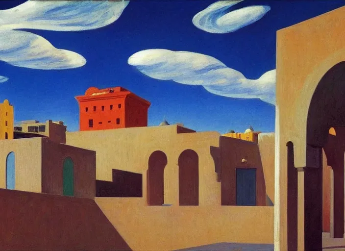 Image similar to old moroccan city, clouds, bird, open ceiling, strange foreign objects, oil painting by edward hopper, chirico and rene magritte