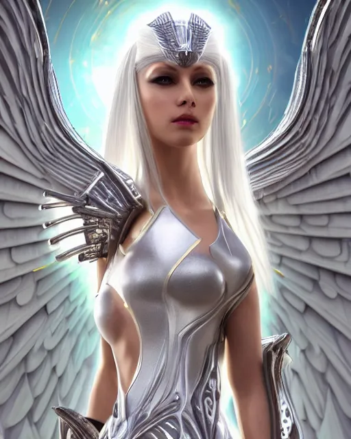 Image similar to perfect white haired egyptian goddess wearing white dove wings, warframe armor, regal, attractive, ornate, sultry, beautiful, charlize theron, half asian, pretty face, blue eyes, detailed, scifi platform, 4 k, ultra realistic, epic lighting, cinematic, masterpiece, art by akihito tsukushi, voidstar, trending on artstation