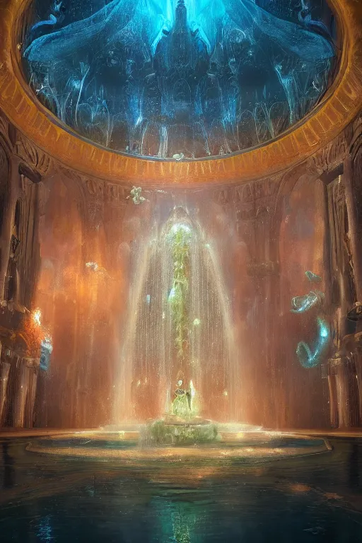 Image similar to inside of an atlantis palace, bioluminescent light, fountain, crystals, intricate, elegant, volumetric lighting, digital painting, highly detailed, artstation, sharp focus, illustration, concept art, ruan jia, steve mccurry