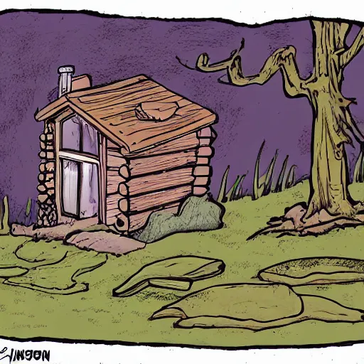 Prompt: a illustration of a Eerie cabin in the middle of the woods in the style of Bill Watterson