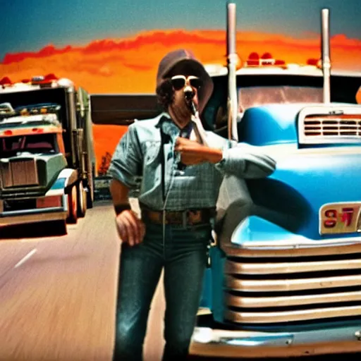 Image similar to 1 9 7 0's color b - movie scene about the musical trucker, a trucker playing the saxophone inside his big rig as it drives off the side of a highway