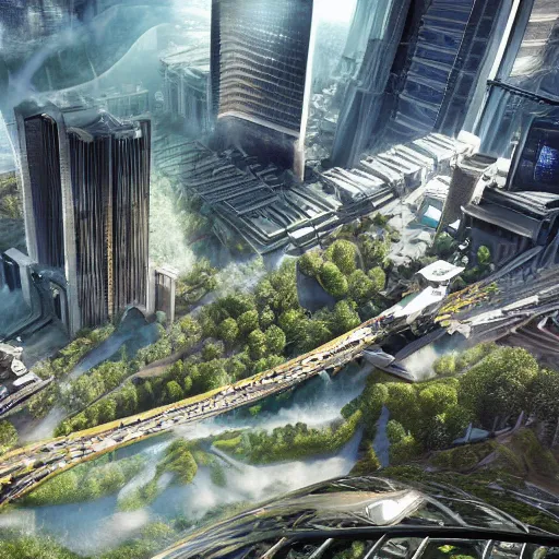 Image similar to hyper-realistic, large futuristic high tech city hidden underneath, tall buildings connected with bridges, luxuriant vegetation, flying cars, photoreal, dramatic sunlight highlights, in valley, amongst high mountains volumetric lighting, intricate details, octane render, cinematic, realism, high detail,unreal engine, vfx,