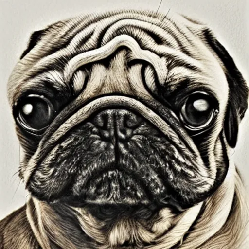 Image similar to pencil art, golden - ratio, spirals, highly detailed, astronaut pug in outer space painted by davinci.