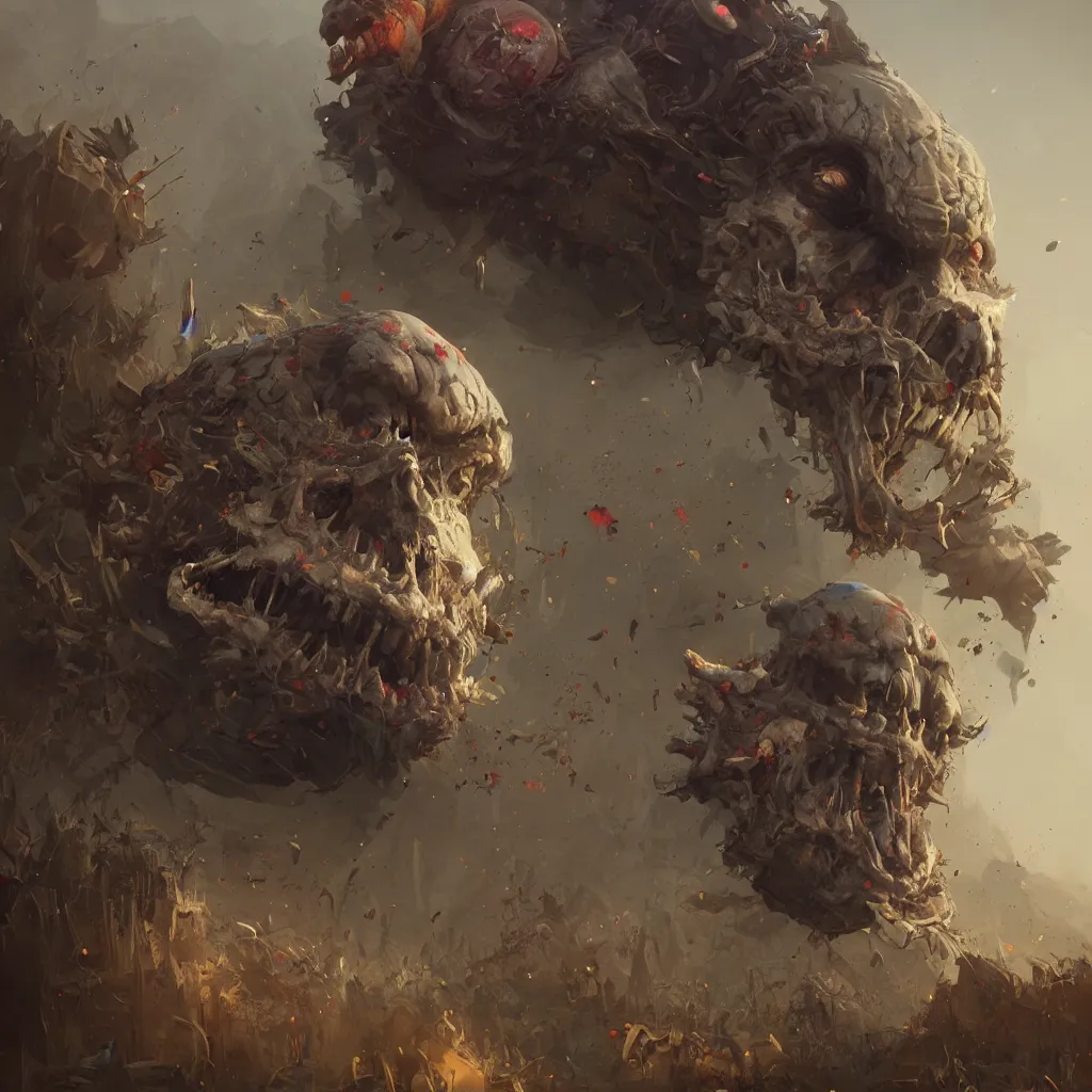 Prompt: giant clown skull landfill, digital painting by greg rutkowski and gaston bussiere, trending on artstation, cgsociety contest winner, zbrush, octane render, intricately defined, comprehensive art, 4 k