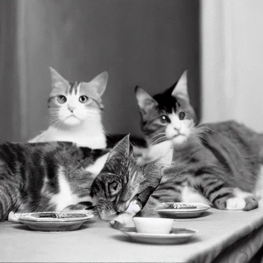 Image similar to two calico cats and a tabby cat enjoy cups of tea together at an upscale party, award winning photo