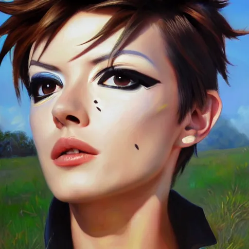 Image similar to oil painting of tracer overwatch in a field wearing very large black leather collar around neck, in style of mark arian, expressive face, very detailed face, very detailed eyes, full body, feminine face, detailed makeup on eyes, tracer overwatch,