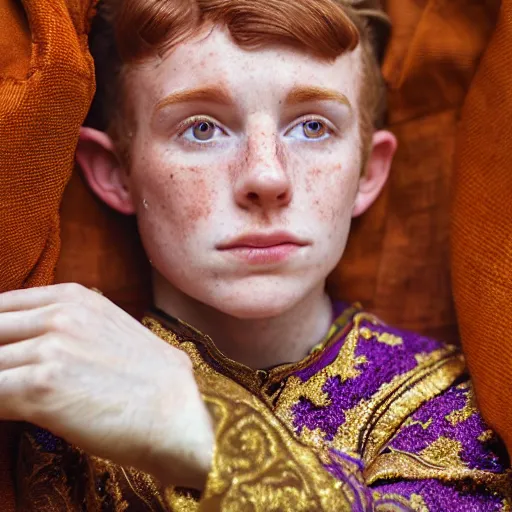 Image similar to A regal close-up, studio photographic portrait of a young man with auburn hair and freckles wearing a purple gilded medieval byzantine tunic, neutral flat lighting, overcast, hard focus, shot on a Sigma 135mm camera, featured in life magazine