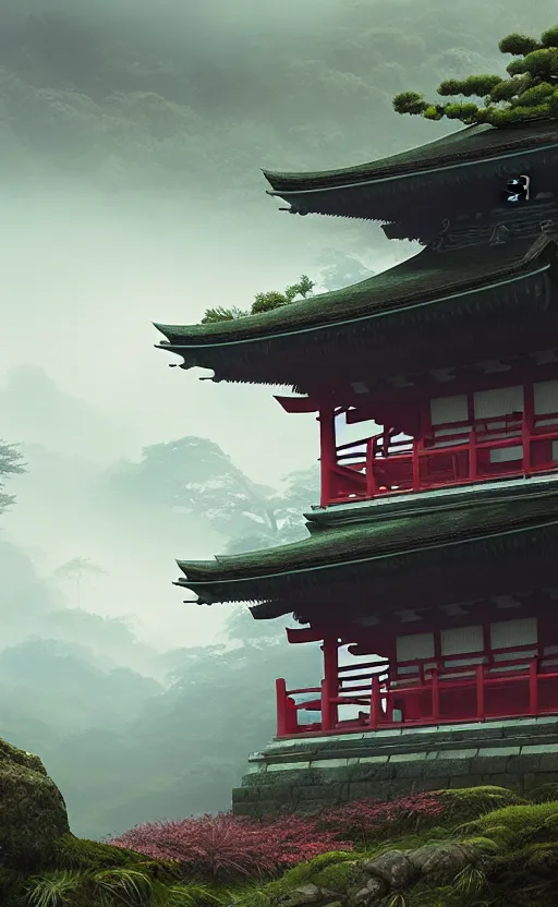 Image similar to japanese style shrine on top of a misty mountain overgrown, hyper realistic, lush gnarly plants, 8 k, denoised, by greg rutkowski, tom bagshaw, james gurney cinematic lighting