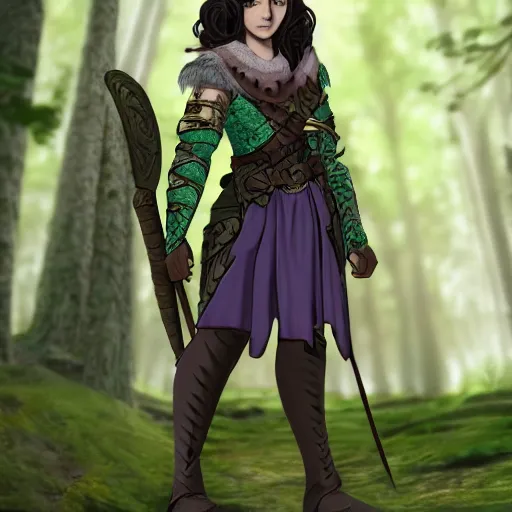 Image similar to athena as a medieval fantasy wood elf, dark purplish hair tucked behind ears, wearing a green tunic with a fur lined collar and brown leather armor, wide, muscular build, scar across nose, one black, scaled arm, cinematic, character art, digital art, forest background, realistic. 8 k