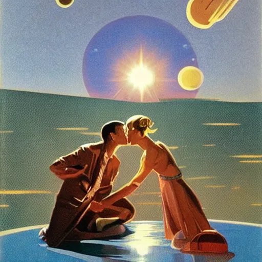 Prompt: is that the stars in the sky or is it rain falling down, will it burn me if i kiss the sun so big so round, well i dig you oh yeah, and i'm choosing you as the one for me, is this love baby or is it confusion? by syd mead and chesley bonestell