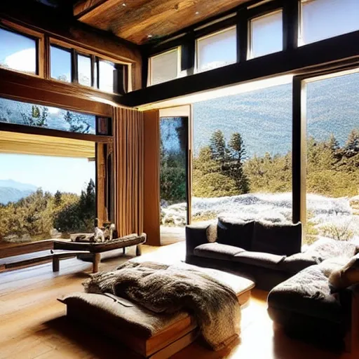 Image similar to “extravagant luxury mountain home, modern rustic, Japanese and Scandinavian influences, at sunrise”