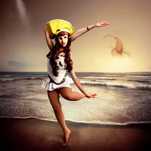 Image similar to dancing brunette milk maid woman wearing a pirate hat shore seascape in the style of Alberto Seveso