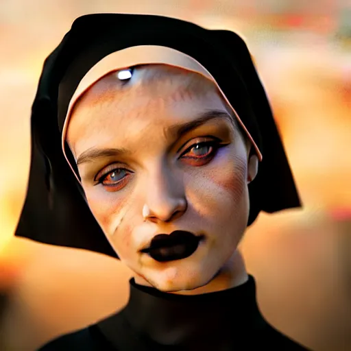 Image similar to photographic portrait of a stunningly beautiful goth nun female in soft dreamy light at sunset, contemporary fashion shoot, by edward robert hughes, annie leibovitz and steve mccurry, david lazar, jimmy nelsson, breathtaking, 8 k resolution, extremely detailed, beautiful, establishing shot, artistic, hyperrealistic, beautiful face, octane render