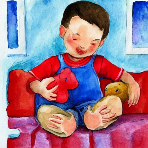 Image similar to little kid with red shirt in his room holding teddy bear in style ofwater colors illustration