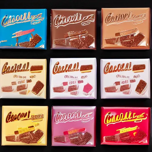 Prompt: chocolate candy bar packaging, 8 0 s style, very appealing, marketing photo