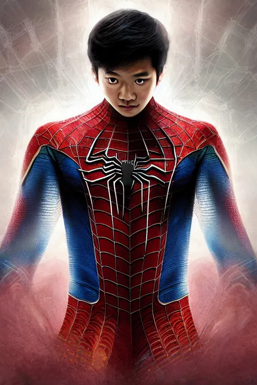 Image similar to majestic and regal portait of asian spiderman, marvel, perfect face, beautiful, intricate, epic, elegant, fantasy, highly detailed, digital painting, hard focus, beautiful volumetric lighting, epic light, ultra detailed, by leesha hannigan, ross tran, thierry doizon, kai carpenter, ignacio fernandez rios