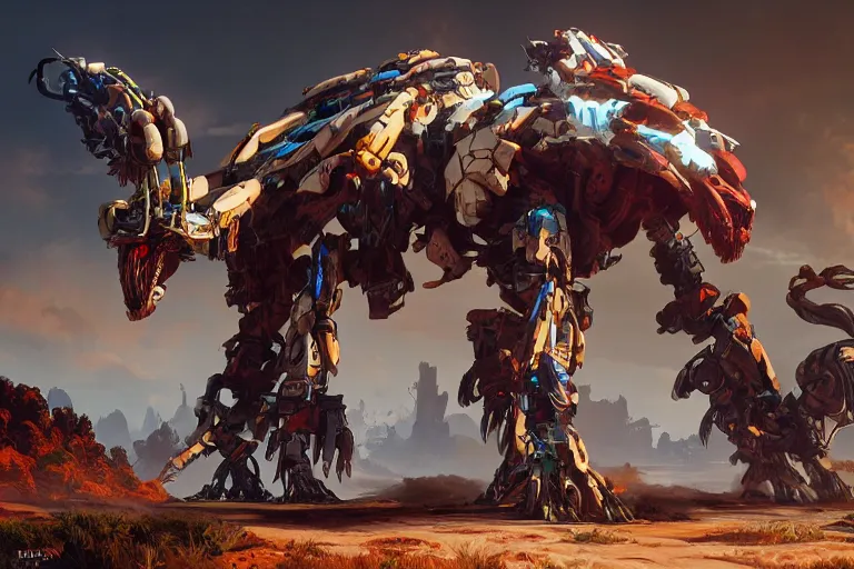 Image similar to thunderjaw machine mecha animal beast robot of horizon forbidden west horizon zero dawn bioluminiscence global illumination ray tracing hdr fanart arstation by sung choi and eric pfeiffer and gabriel garza and casper konefal