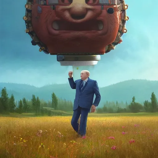 Prompt: A highly detailed photorealistic full portrait of Vladimir Putin frolicking in the field by Simon Stalenhag and Thomas Kinkaid, Octane render, trending on cgsociety, HDR, 8K I cant believe how funny this is