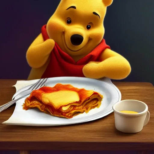 Prompt: president winnie the pooh eating lasagne, award winning photography, extremely detailed, artstation, 8 k, sensual lighting, incredible art, wlop, artgerm