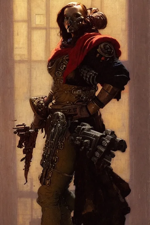 Image similar to full character portrait max mad cyberpunk warhammer 4 0 k, barbarian medic supersoldier not the girl with the pearl earring character design, painting by gaston bussiere, katsuya terada, nc wyeth, greg rutkowski, craig mullins, vermeer, frank frazetta, mucha, tom of finland, trending on artstation, jeffery catherine jones