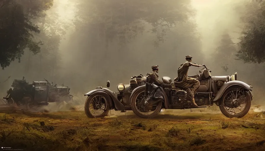 Prompt: a british officer driving a motorcycle at high speed in 1921 in kerala forest road, local people chasing to attack, furious action scene, chase, an epic fantasy, dramatic lighting, cinematic, establishing shot, extremely high detail, photorealistic, cinematic lighting, artstation, by simon stalenhag, shadow of the tomb rider