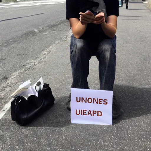 Prompt: unemployed graphic designer begging for change on the side of the road