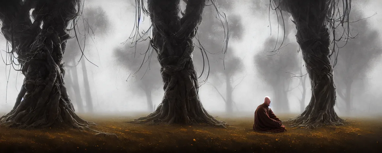 Prompt: duotone telephoto concept illustration 3 / 4 portrait bald demonic merchant sitting below willow tree in a fog rustical style. medieval brown tunic with pouches. cinematic volumentric lighting. accidental renaissance. by sachin teng and sergey kolesov and ruan jia and heng z. graffiti art, scifi, fantasy, hyper detailed. octane render. trending on artstation