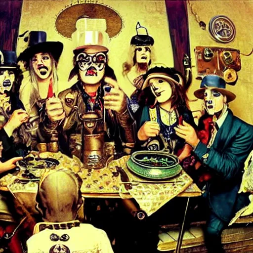 Image similar to steampunk kid rock at thanksgiving dinner with a group of juggalos, in the style of norman rockwell,