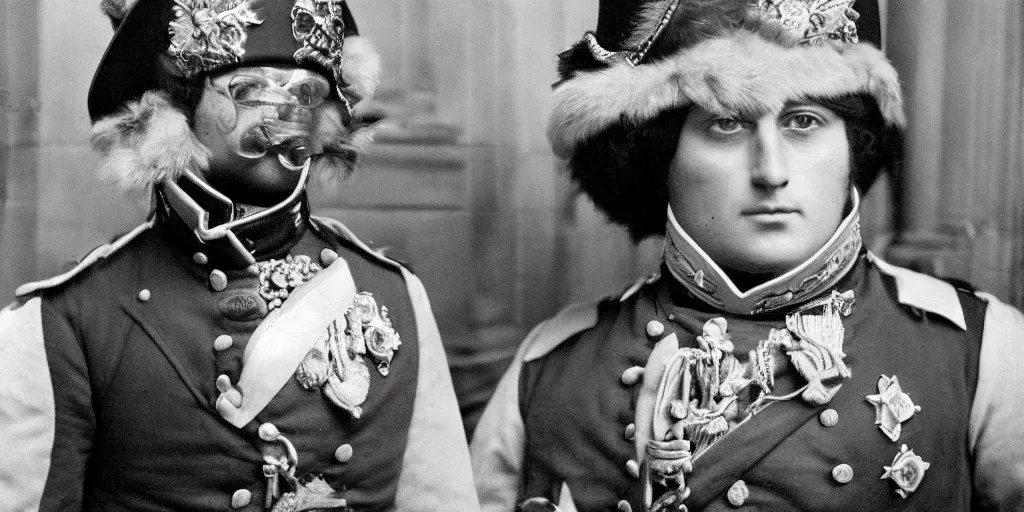 Prompt: very well detailed photo of Napoleon Bonaparte in London, 1960s, 4k detailed, very very well detailed face