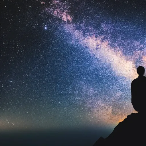 Image similar to 4K ultra HD detailed award-winning wallpaper of silhouette of man sitting on top of mountain cliff looking at huge vast sky storm Milky way