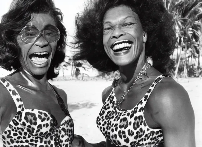 Image similar to polaroid eartha kitt in a leopard swimsuit and marsha p johnson in a pink swimsuit laughing together on a beach