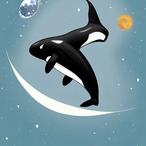Image similar to orca killer whale jumping over the moon. space, stars, planets. Ocean life, marine life. Trending on artstation