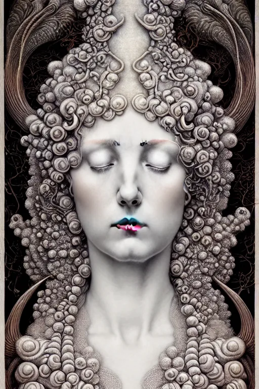 Prompt: detailed realistic beautiful porcelain nature goddess portrait by jean delville, closed eyes, gustave dore, iris van herpen and marco mazzoni, art forms of nature by ernst haeckel, art nouveau, symbolist, visionary, gothic, neo - gothic, pre - raphaelite, fractal lace, intricate alien botanical biodiversity, surreality, hyperdetailed ultrasharp octane render