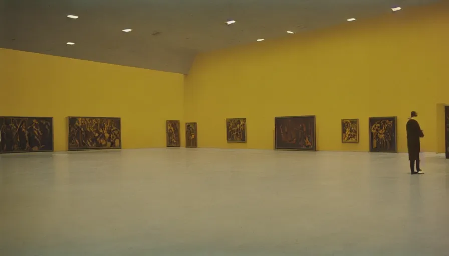 Image similar to 60s movie still of a sovietic stalinist style empty art museum with a soviet congress with yellow wall, eastmancolor, liminal Space style, heavy grain